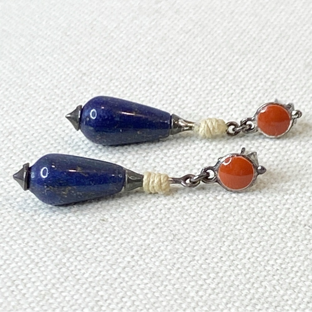 Vintage Sterling Silver Lapis And Carnelian Drop Pierced Earrings